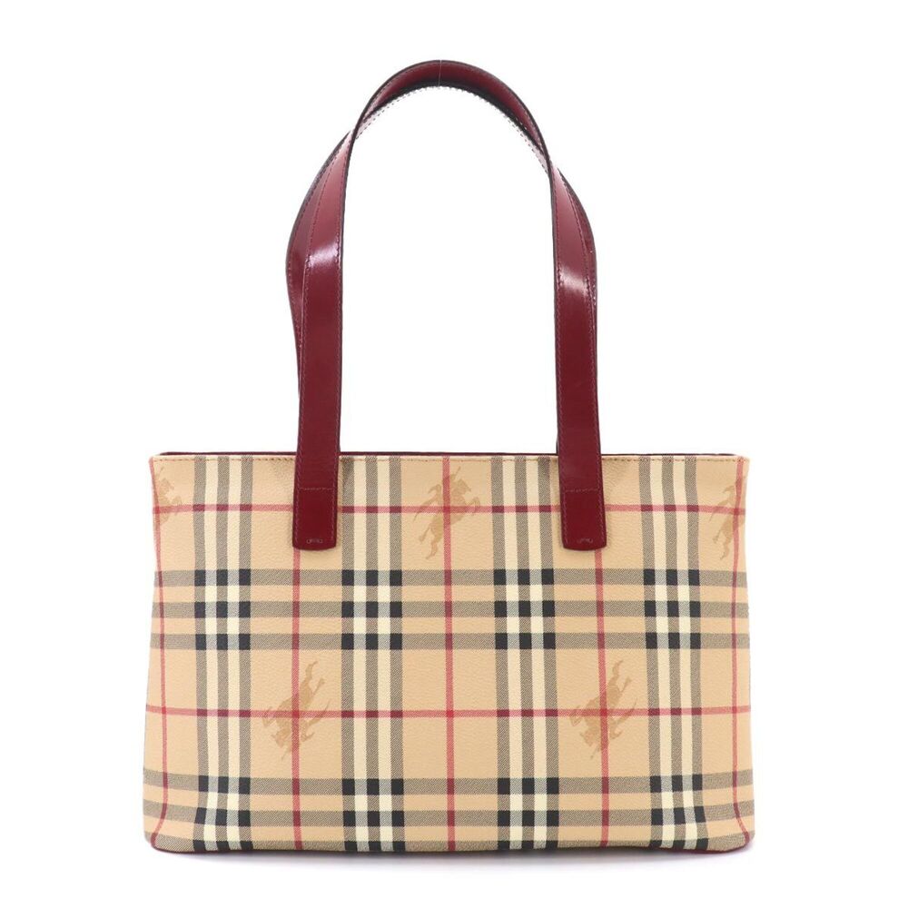 Burberry Nova Check Tote Handbag, Leather, Beige, Red, Gold Hardware.